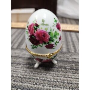 Vintage Pink Rose Hinged Porcelain Footed Trinket Egg/ Box Pre-owned 4" H 2.5 W